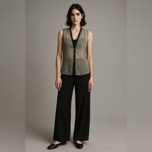 Helmut Lang See Through Top Vest Large Olive Khaki  Black Trim Buttons Rare $395
